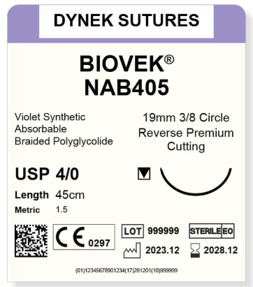 BIOVEK SUTURE 4/0 19MM, 3/8RC 45CM VIOLET /12