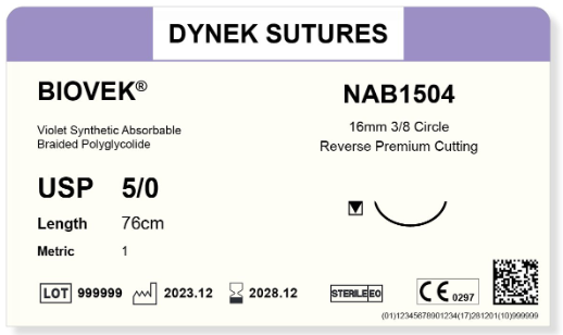 BIOVEK SUTURE 5/0 16MM, 3/8RC 45CM VIOLET /36