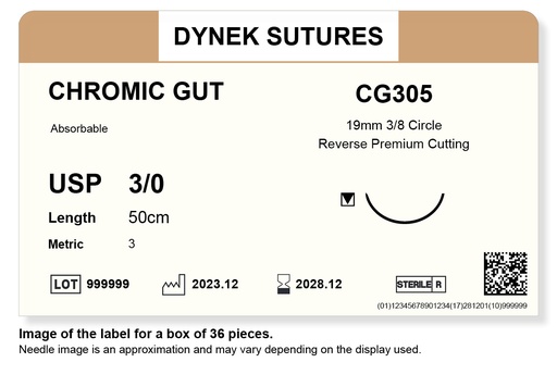 [DYCG30536] CHROMIC GUT SUTURE 3/0 19MM, 3/8RC 50CM /36