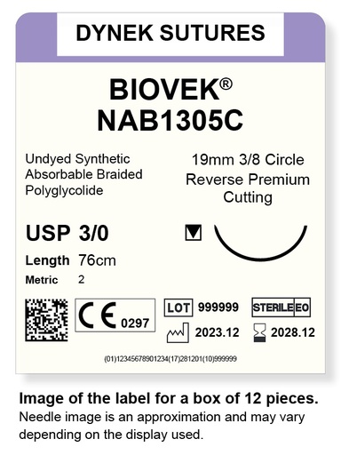 [DYNAB1305C12] BIOVEK SUTURE 3/0 19MM, 3/8RC 76CM BEIGE /12