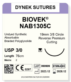 [DYNAB1305V12] BIOVEK SUTURE 3/0 19MM, 3/8RC 76CM VIOLET /12