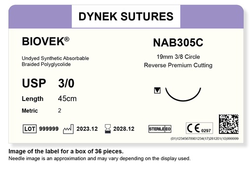 [DYNAB305C36] BIOVEK SUTURE 3/0 19MM, 3/8RC 45CM BEIGE /36