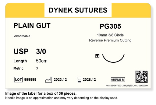 [DYPG30536] PLAIN GUT SUTURE 3/0 19MM, 3/8RC 50CM /36