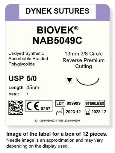 [DYNAB5049C12] Biovek Suture 5/0 13mm 3/8RC beige 45cm/12